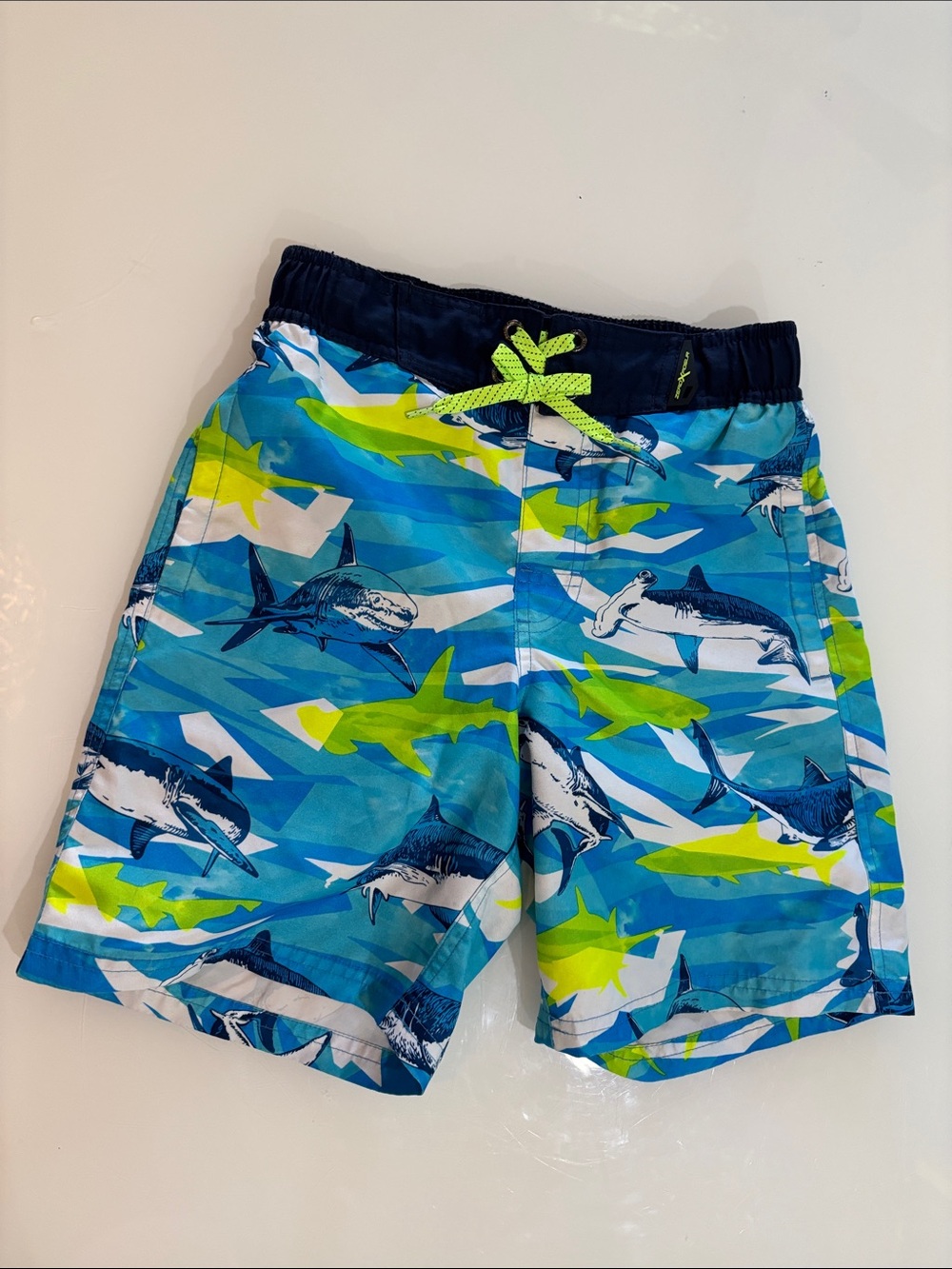 ZeroXposur Blue & Neon Green Shark Swim Trunks
